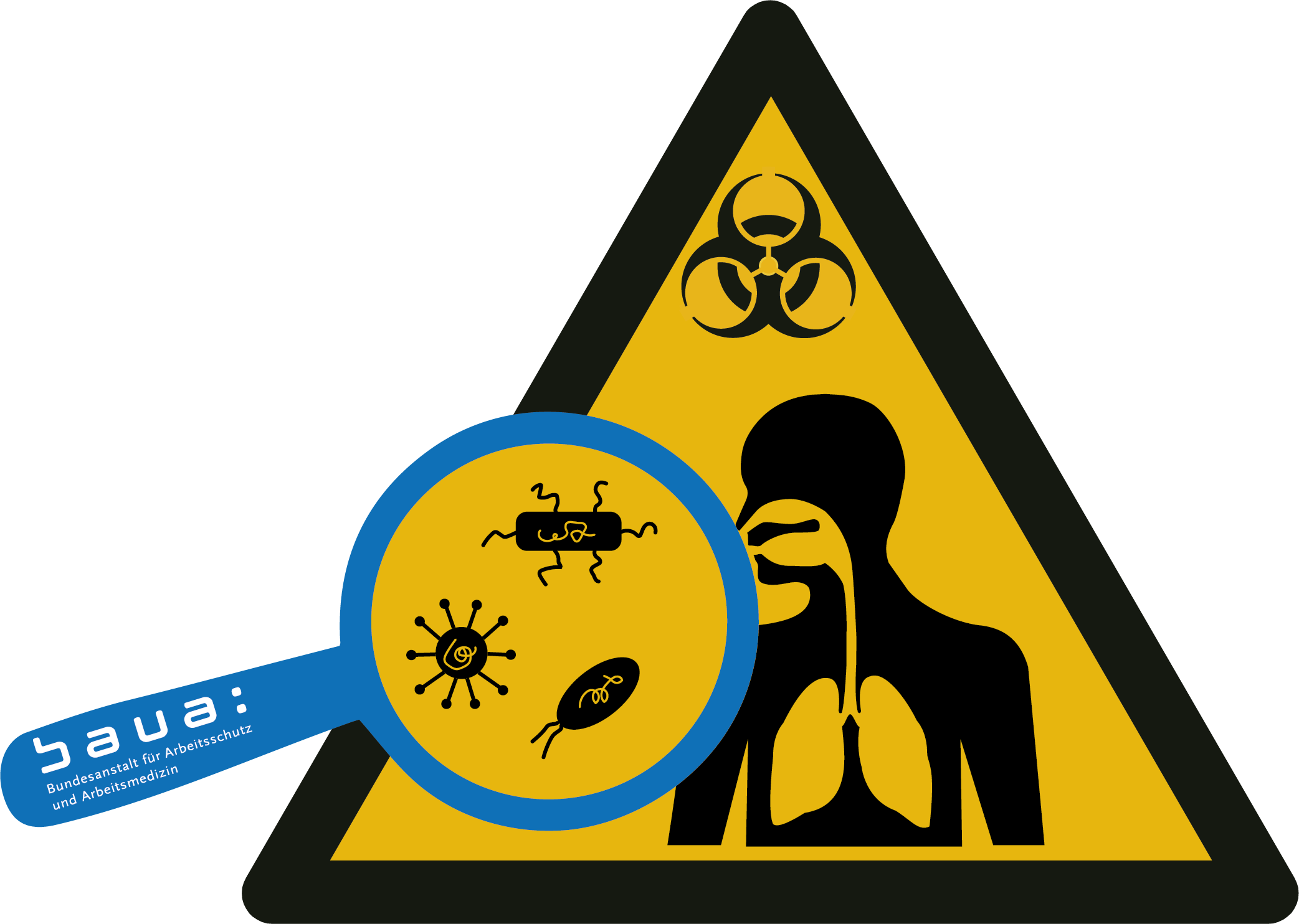 Entwurf Warnsymbol Biogefährdung mit zusätzlichen Elementen für Viren und Bakterien sowie Atemwegssystem Mensch 