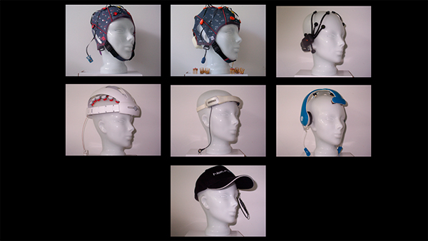 EEG systems used in the study (from top left to right): Ladybird, Sahara, EPOC, Trilobite, Jellyfish, BR 8 plus and MindCap